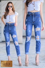 2511 Vintage Denim Jeans by GREATกางเกงยีนส์ กางเกงยีนส์ ผญ ยีนส์ทรงบอย สลิม  แต่งขาดแนวเซอร์แบบเท่ๆช่วงขาเล็ก ผ้าไม่ยืด