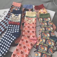 3/6 Pairs French Cat Trendy Socks Retro Preppy Style Medium Long Tube Cotton Female Spring Autumn Li