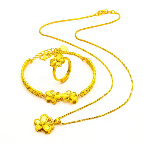 24K Gold AU999 Women's Butterfly Ring-Bracelet-Necklace Set 3D Butterfly Gradient Gold-Plating Daily