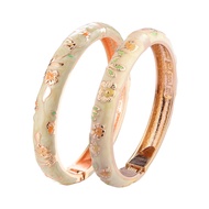Vintage Cloisonne Bracelets Cuff Golden Metal Bangles Indian Flower Pink Enameled Jewelry Box for Wo