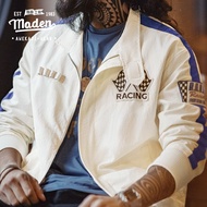 MADEN เสื้อแจ็กเก็ตแฟชั่นสำหรับผู้ชายเสื้อแจ็คเก็ตขับรถปักลายสีที่ถูกบล็อกอเมริกาแบบย้อนยุคใส่ได้กับ