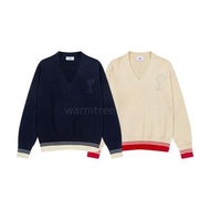 AMI Paris 2025秋冬新品 編織ADC條紋V領長袖愛心文字刺繡羊針織毛衣外套