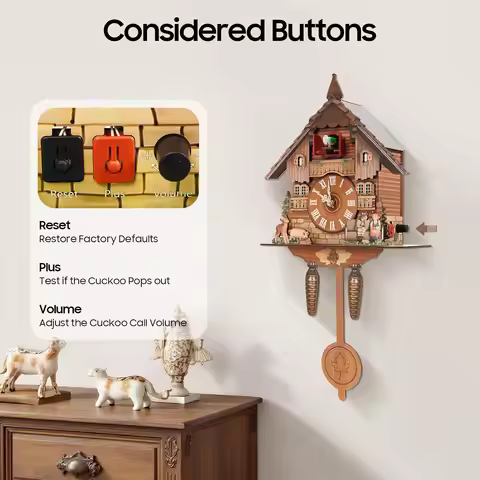 Cuckoo Clock Large 19.69" House-Shaped Wood Clock with Animated Cuckoo Bird & Silent Night Volume Ch