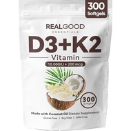 Vitamin D3 K2, RealGood Essentials D3+K2 (MK7) Coconut Oil 300 Softgels, with Vitamins D & K 10000 I