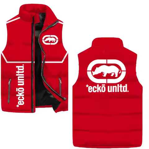 Men Stand Collar Padded Gilet Ecko Unltd Rhino Graphic Print Color Block Sleeveless Outerwear Street