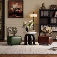 Movable swivel living room low stool with backrest, swivel wheels, sofa stool, solid wood