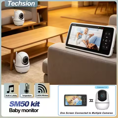 5 Inch Video Baby Monitor SM50 Kit Dual Camera PTZ 4X Zoom Night Vision 2-Way Audio Temperature Sens