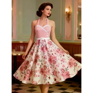 Tonval Vintage Style Pink Floral Print Fit-and-Flare Belted Dress - Inspired by 1950s Fashion
