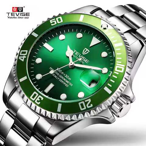 TEVISE Green Watch Men Automatic Mechanical Anti-Scratch Rotatable Outer Ring Waterproof Luminous Me