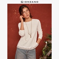GIORDANO Women T-Shirts Rivets Ethnic Trim Simple Tee Crewneck Fleece Lined Fashionable Casual Retro