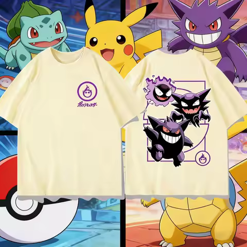 2026 Summer Pokemon Gengar Evolution Double Sided Print T-Shirt, 100% Cotton Loose Oversized Couple 