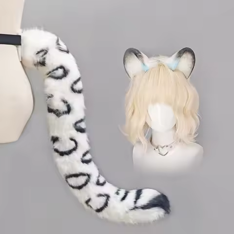 New Hot Game Snow Leopard Furry Ears Headband Handmade Cute Plush Exhibition Tail Set Night Party Co