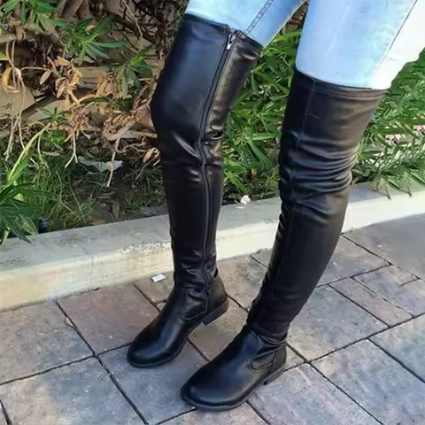 Women's Knee Length Boots Winter New Round Head Low Square Heel Women's Large Size 41-46 Shoes for W
