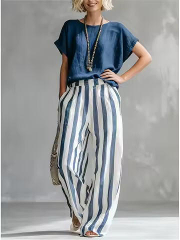 Bohemian Cotton Linen Two Piece Outfit Women Casual Short Sleeve Top + Striped Wide Leg Pants Set Su