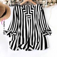 (Trendy) Lovito Plus Size Curve Casual Striped Lace Up Blouse for Women LBL19053
