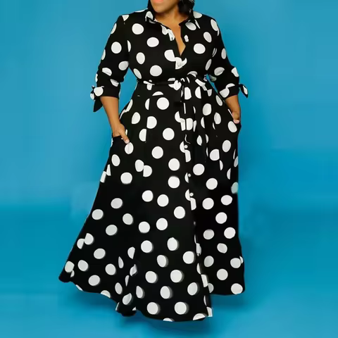 Plus Size Women Shirt Dress Long Sleeve Spring Fashion A-Line Polk Dot Print Elegant Casual Pockets 