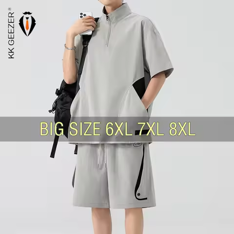 Men T Shirt Suit Short Sleeve Polo Set Summer Stand Collar Oversize 5XL 6XL 7XL 8XL Plus Size Pocket