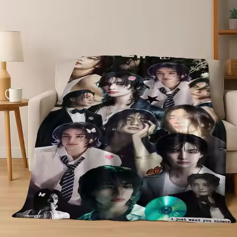 Dark Tone Hyunjin Multiple Photo Splicing Print Blanket, Light Flannel Throw For Couch Office, Idol 