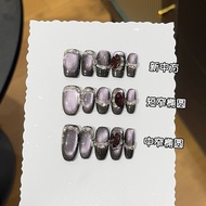 HANDMADE+Free Glue Artificial Nail Oval-shaped Flashing Violet Light-catching Cat Eye Fake Nail Phot