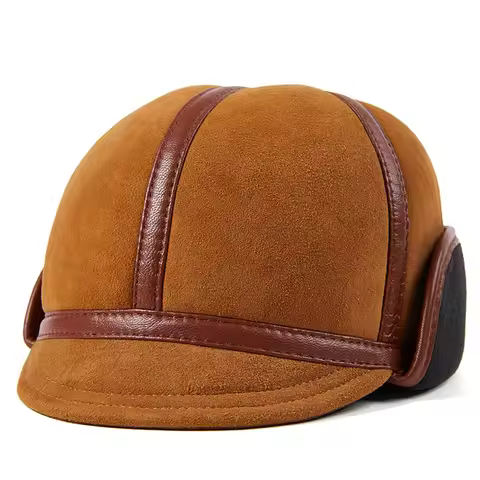 Men's 100% Real Leather Winter Warm Russian Small Brim Cap Beret Newsboy Jazz Caps/Hats