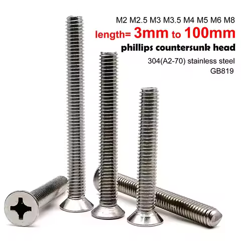 Lengthened M2 M2.5 M3 M3.5 M4 M5 M6 M8 3-100mm Cross Phillips Flat Countersunk Head Screw Bolt A2-70