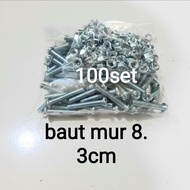 100pcs Baut jp+mur 5x30/baut+mur 8x3cm obeng baut 8