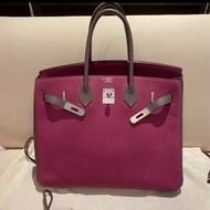 Hermes愛馬仕玫瑰紫拼瀝青灰銀扣拼色  birkin 30鉑金包手提包