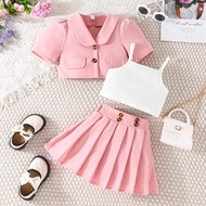 Terno For Kid Girl 3-8 Years old Fashion Elegant Puff Sleeve Coat Sando and Pleated Skirt Summer Out