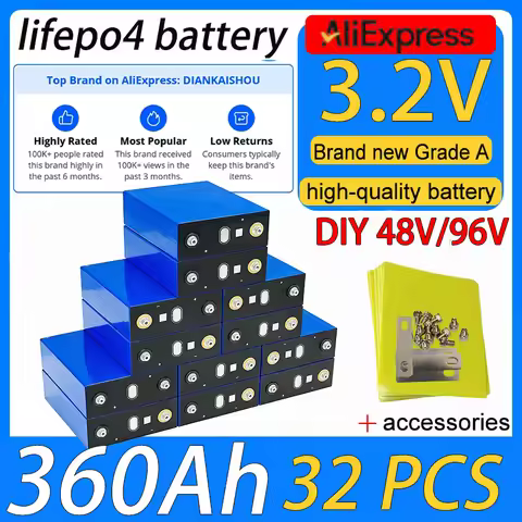 New 32pcs Class A 360Ah 3.2V Lifepo4 Rechargeable Battery Lithium Iron Phosphate DIY 48V 96V Home/Bu