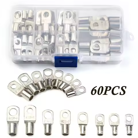 60Pcs Bolt Holes Tinned Car Copper Cable Lug Battery Terminal Group Wire Terminal Kit Connector Grou