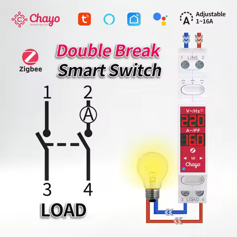 L/N or L/L 2P 18mm Zigbee Smart Switch 16A 100-240V Over/Undervoltage Auto/Manual Reclose Tuya Smart