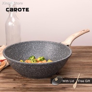 ❅Carote Essential Woody Non-Stick Wok 30/32CM Stir-Fry with Lid, PFOA Free Maifan Stone Coating From