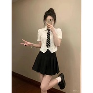 JK Uniform Suit Summer Preppy Style Narrow-Waisted White Shirt Women Short-Sleeved Design Sense Nich