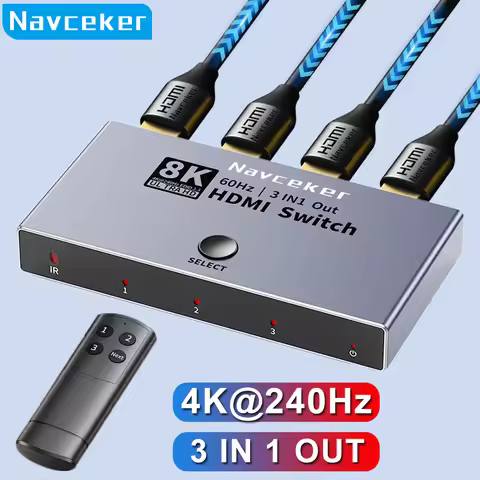 Navceker 8K HDMI 2.1 Switch Splitter 4K 240Hz 3 Inputs 1 Output 3 port HDMI Switcher with remote for