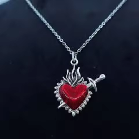 Sacred Flaming Heart Necklace Jewelry Flame Sacred Heart Sword Charm Necklace