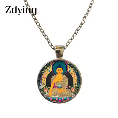 ZDYING Buddha Necklaces Pendants Glass Mandala Flower Art Picture Cabochon Charm Necklace Collares B