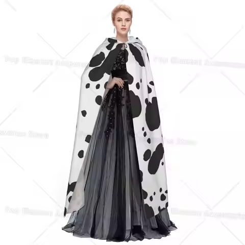 Black And Amp White Animal Print Dalmatian Dog Print Long Hooded Cloak Witch Costume Cosplay Cape Ha