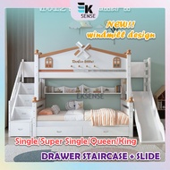 EKSENSE Windmill Kids Solid Wood Double Decker Bunk Bed Frame Slide Katil Budak 2 Tingkat Gelongsor 