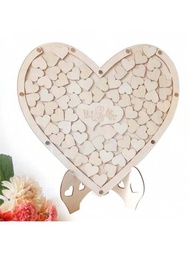 1套婚禮客人留言簿木製相框上框簽名簿木製愛心鄉村婚禮裝飾和結婚回禮（原木色）