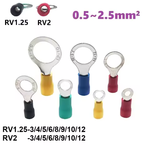 50PCS RV2-3/4/5/6/8/10/12 AWG 16-14 1.5mm²~2.5mm² Ring Insulated Terminal Eyelet Circle Ferrule Cabl