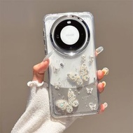 银箔闪粉立体水钻珍珠蝴蝶适用华为Pura70手机壳mate60pro+玫瑰花P60小众高级感mate70透明保护套手链挂绳女-單殼 華為 Mate 60