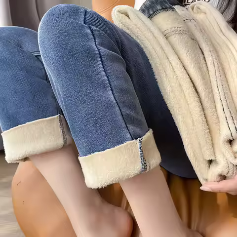 Womens Jeans Fleece Lined Thickened Winter Warm Straight Leg Loose Fit High Waist Slimming Trousers
