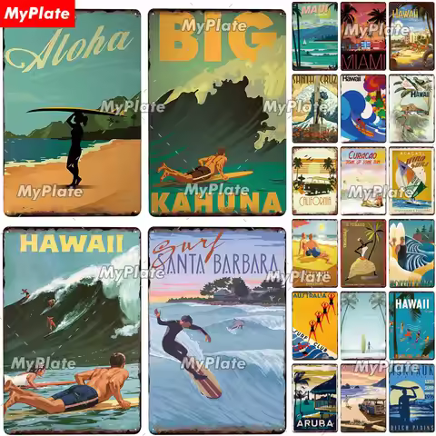 BEACH Metal Sign Vintage Plaque Surf Tin Sign Plate Wall Decor For Bar Pub Man Cave Hawaii/Kahuna/Sa