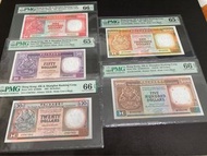 1991～1992年匯豐銀行五色纸幣套裝！「金魚黃」$1000號碼：BY103380 PMG 65分EPQ ！「啡柴」$500號碼：BY554798 PMG 66分EPQ ！「黑獅」$100號碼：PD