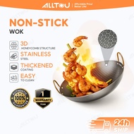 ALLTOU Non-Stick Wok 3D Honeycomb Wok Stainless Steel Kuali GoldHandle Pan Keluli Tahan Karat Sarang