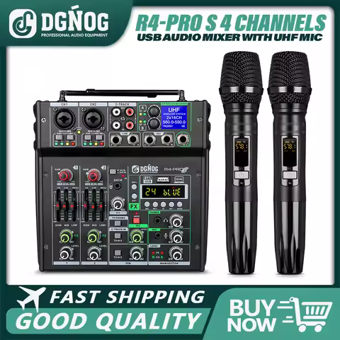 DGNOG Dual UHF Wireless Microphone DJ Audio Mixer 4 Channel Mixer Karaoke Mixer USB Bluetooth for Co