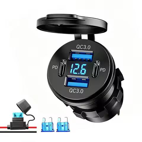 12V USB Outlet 4-Port 78W Dual PD30W & QC3.0 Fast Charger Waterproof Power Outlet with Voltmeter for