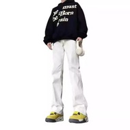 春秋美式高街復古青少年純色修身微喇男土直筒垂感水洗彈力牛仔褲-米白色 S