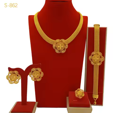 24K Gold AU999 Flower Tassel Necklace Earrings Ring Bracelet Bride 4-Piece Set Women -Premium set, p