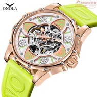 時尚新款onola/奧駱納四葉草全自動機械手錶男女防水膠帶錶帶